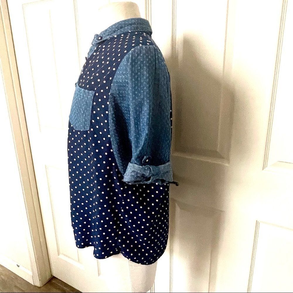 Solitaire blue polka dot long sleeved button down shirt - Picture 3 of 13